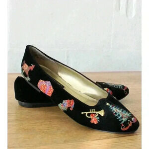 Pritzi Vintage 90s Black Velvet Embroidered Christmas Flats, size 7.5